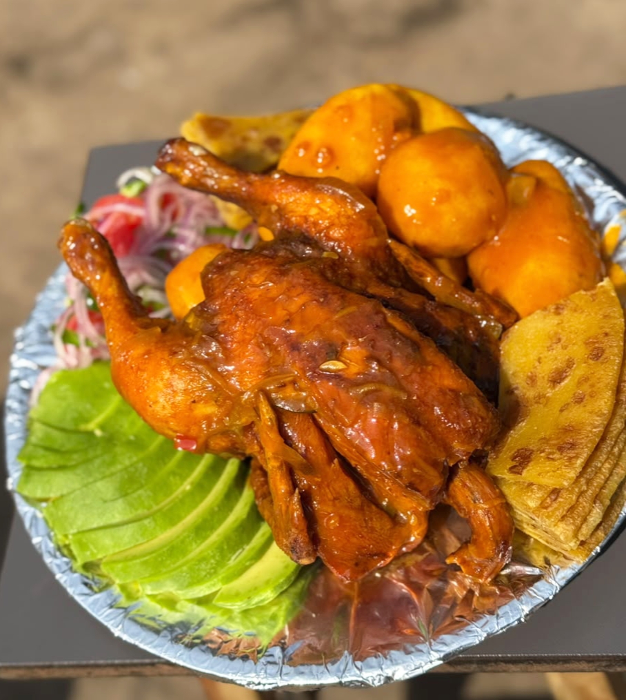 Whole chicken platter with avocado, chapati and potatoes